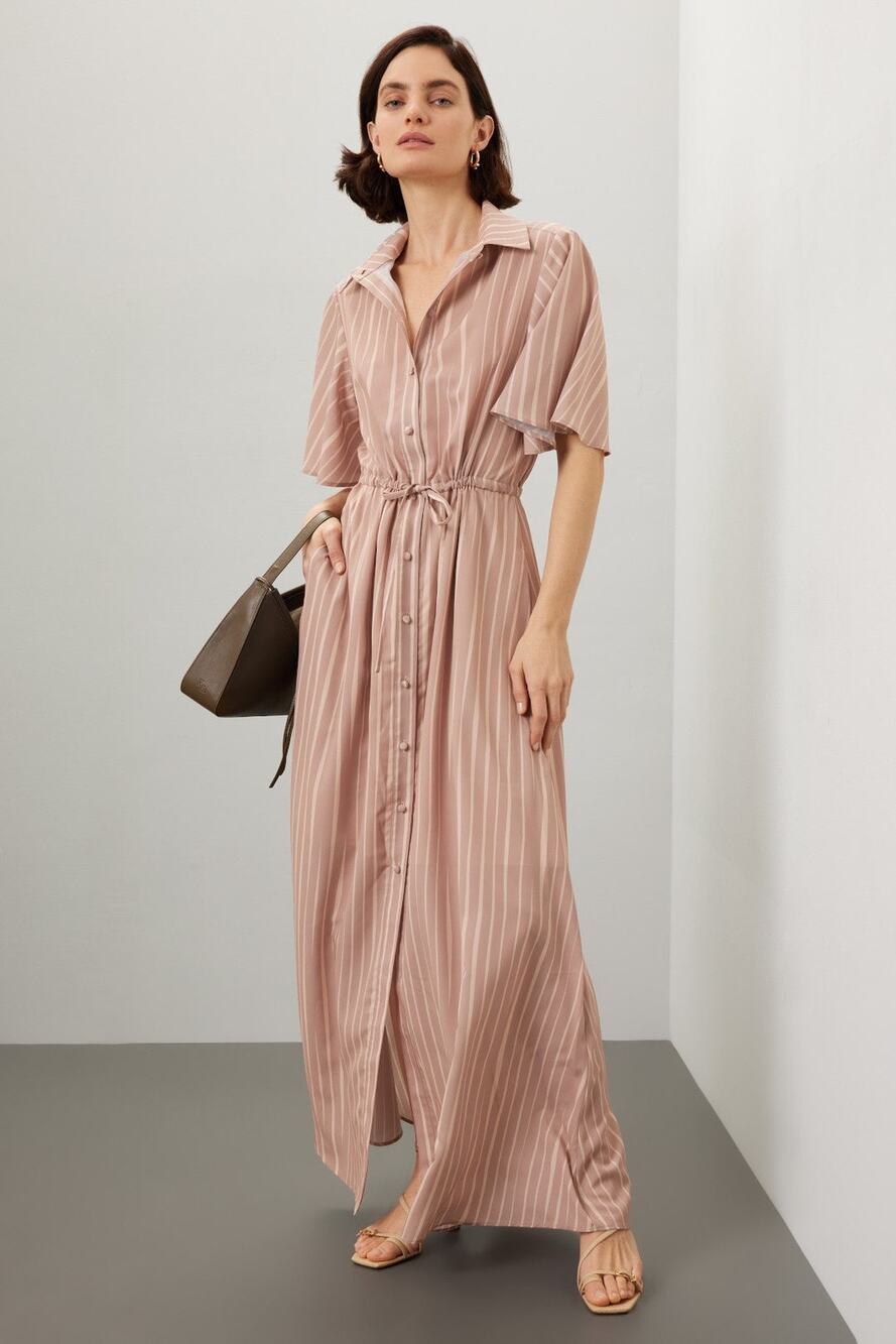 Hutch Sz M Mauve Pink Stripe Layton Button Up Tie Short Sleeve Shirt Maxi Dress
